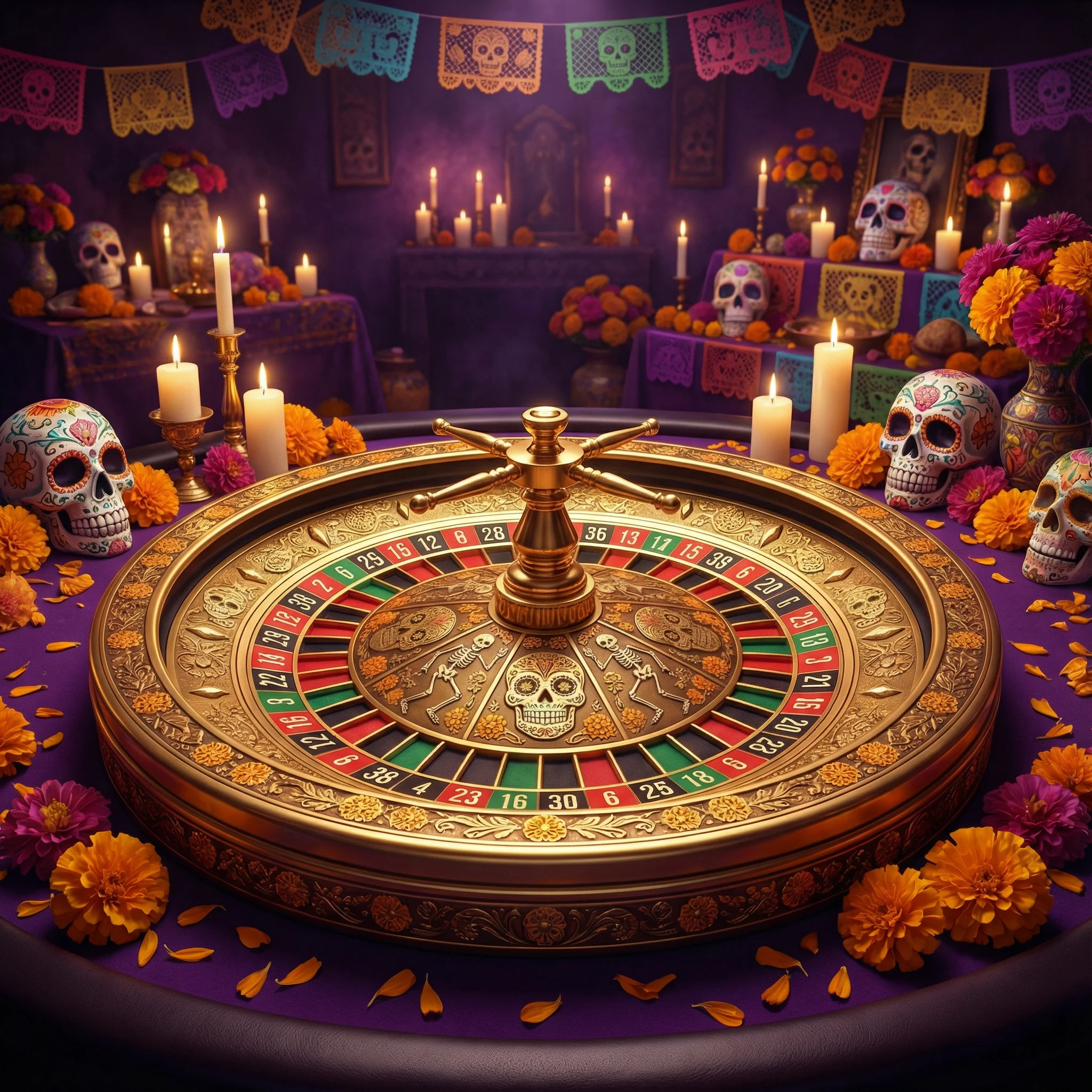 Ruleta dorada con decoraciones de calaveras de azúcar mexicanas